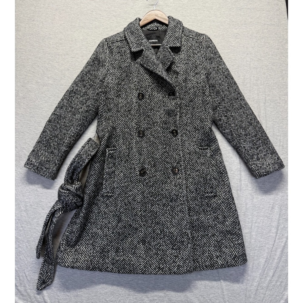 Express Pea Coat Womens Medium Black White Herringbone Print Double Breasted
